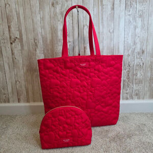 Kate Spade Red Quilted Heart Tote Bag & Cosmetic Pouch Set